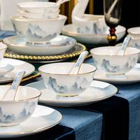 Service de table moderne et minimaliste en porcelaine fine Jingdezhen, couleur sous-glaçure haut de gamme, réutilisable et compatible lave-vaisselle, esthétique et élégant