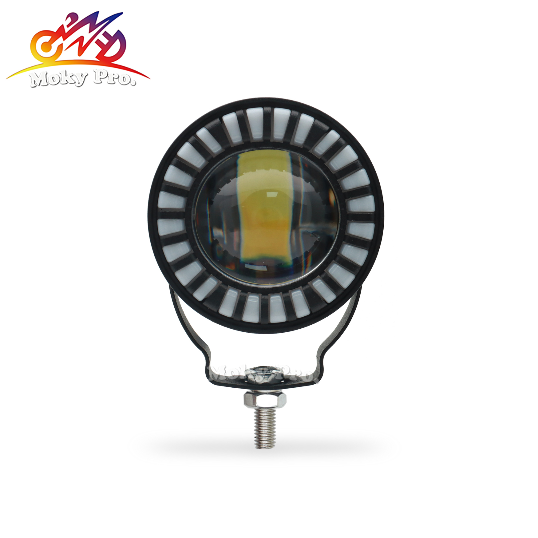 Motorcycle round auxiliary work light, angel eye dual-color yellow and white scooter driving light led headlights