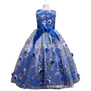 Girls Princess Dress Blue Floral Print Ball Gown Tutu Skirt For Children Performance Wear Size Medium Large - Product Image 1