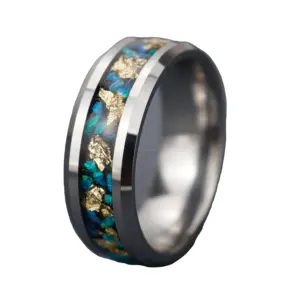 Poya饰品时尚抛光金叶蓝蛋白石沙石男士结婚戒指镶嵌银色钨戒指