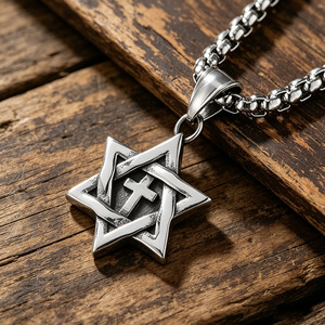 yunnique Men's Titanium Steel Six Pointed Star <b>Cross</b> Pendant Necklace Geometric Design Gift Jewelry - Product Image 1