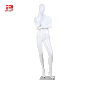 Weibliche Schaufenster puppe aus glänzendem weißem Eikopf mit Metall basis und verrottetem Fersen chrom - Product Image 1