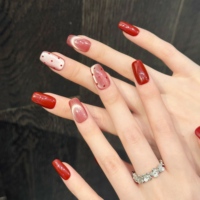 Design # 3060 Faux ongles à presser de haute qualité, carrés en acrylique, en gel épais, faits main, rouge, effet œil de chat, à pois, 10 pièces