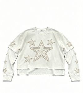 T-Shirt Oversize da Uomo in Cotone 100% con Stampa Ricamata a Motivo Stellato, Maniche Lunghe a Due Strati, Spalle Cadenti, Stile Streetwear - Personalizzabile all'Ingrosso - Product Image 1