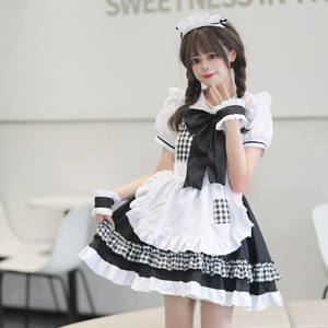 Japanese Style Lolita Maid Outfit Women's Cosplay Dress Set Black Checkered Polyester Uniform Anime Costume - Product Image 1