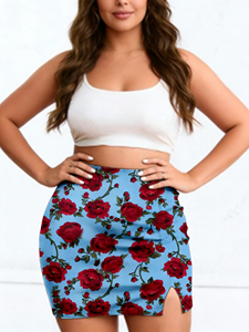 Jupe longue moulante taille haute pour femme grande taille, motif floral rouge sur fond bleu, idéale pour les soirées - Product Image 5