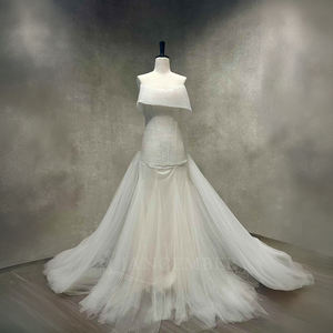 Vestidos de Novia Largos de Sirena con Cuello Barco, Modernos y Elegantes, con Apliques de Encaje Floral de Cristal Color Marfil, para Mujer, Modelo NT10 - Product Image 1