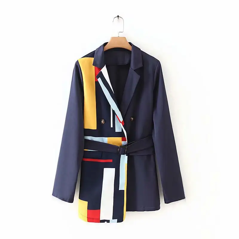 Suit Blazer with Belt Long Blazers Ladies Women Blazer Femme 2020 Navy Europe Winter Style Double-breasted Contrast Color V-neck