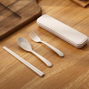 Wheat Straw Cutlery Set 3 Piece Portable Fork Spoon Chopsticks Solid Color Box For Children Students Adults - Product Image 3