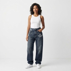 Jeans de mezclilla de cintura alta para mujer, corte recto, holgados, largos, estilo casual, con logo bordado en la pierna izquierda, lavado a la piedra, otoño - Product Image 1