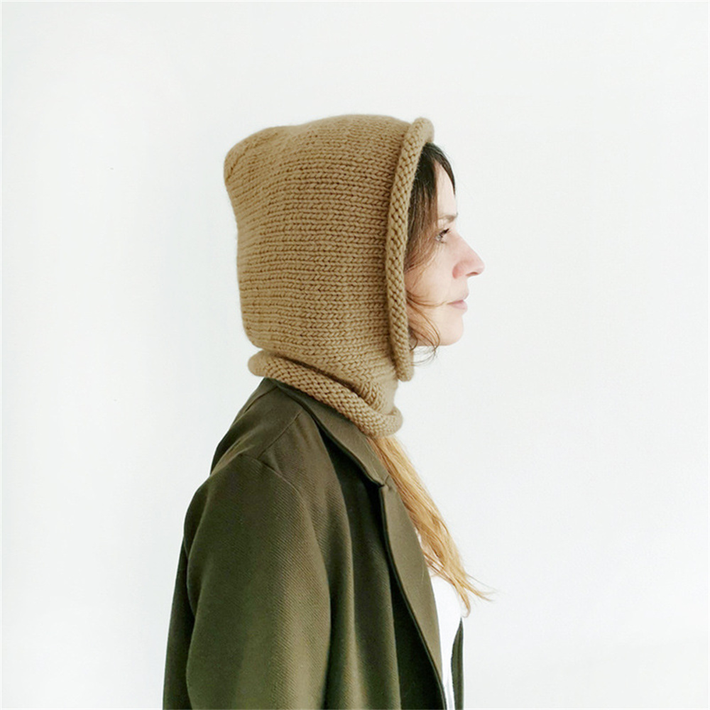 Wholesale Winter Hat Casual Hooded Drawstring Design Fall Winter Knitted Balaclava Knit Hat Warm Hooded Scarf Hat
