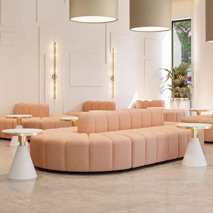 Soft Pink Teddy Fabric Segmented Modular Curved Booth Sofa Luxury Marble Side Table For Cafe Salon Reception - Product Image 1