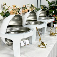 Chauffe-Plats de Luxe pour Buffet Traiteur, Présentoir Autonome en Acier Inoxydable avec Poignée Dorée et Couvercle Blanc Enroulable