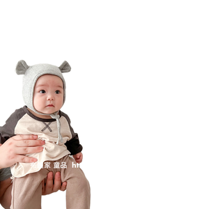 Bonnet <span class=keywords><strong>bébé</strong></span> unisexe couleur crème avec oreilles d'ours mignonnes, protection auditive, bonnet à nouer, uni teint - Product Image 2