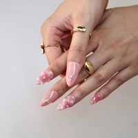 Faux ongles à presser rose fleur de cerisier, bord rose, style French, avec perles 3D et motifs feuille d'érable, forme amande, longueur moyenne, 10 pièces, adaptés au quotidien