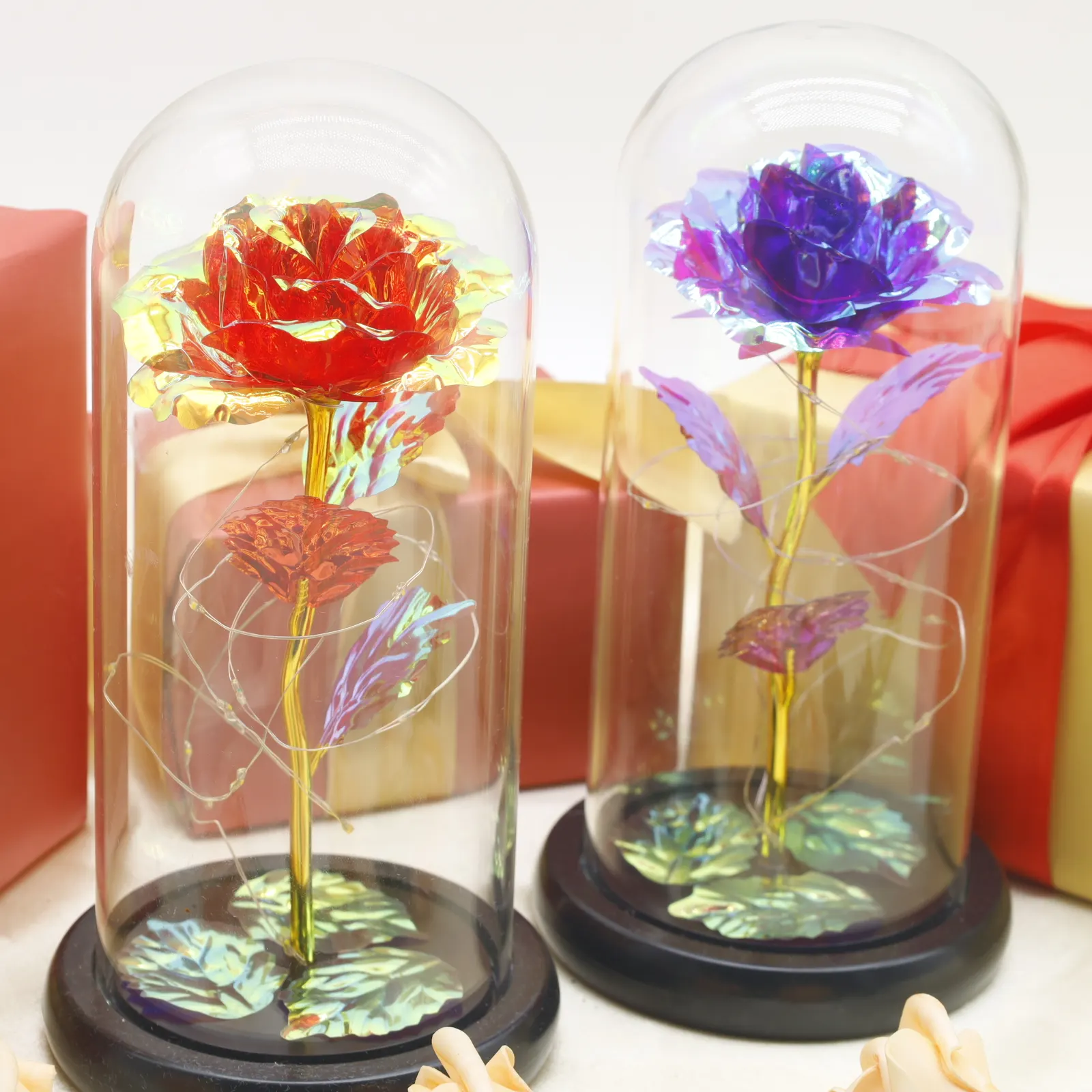 2024 Popular Gold Foil Rose Glass Cover Galaxy Rose with Lights Dome Table Ornaments Gifts Factory Wholesale