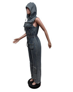 Combinaison en jean décontractée sans manches, extensible, rétro, multi-poches, à capuche, pour femme - Nouvelle collection en gros - Product Image 5
