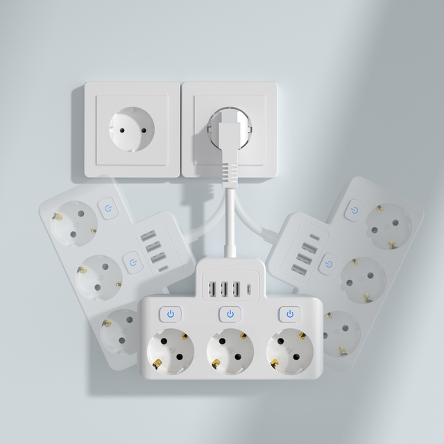 OEM EU Socket Power Strip with USB Ports Type C CE 3 Outlets Sockets Wall Extension Plug with Switch