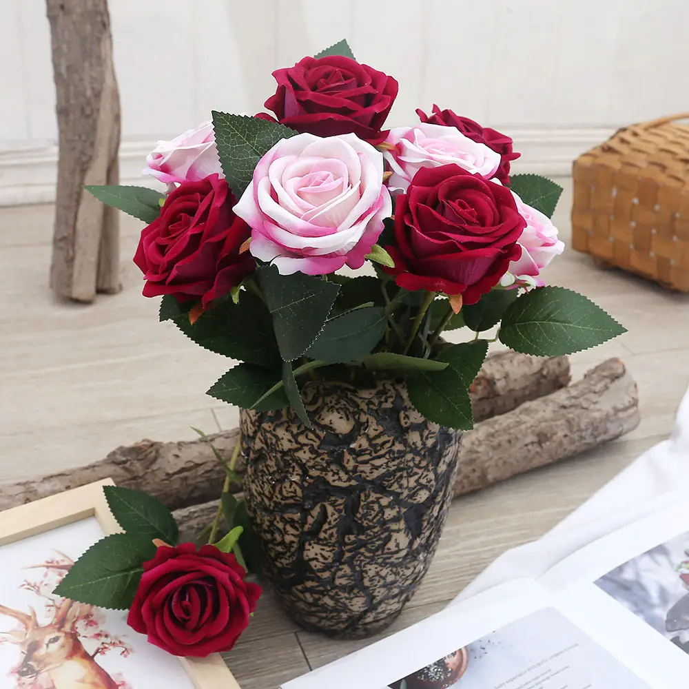 Дешевые искусственные винтажные пластиковые искусственные шелковые домашние Свадебные украшения Букет роз Искусственные цветы