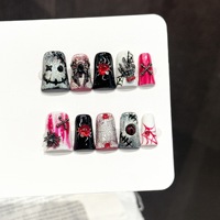 Faux Ongles Press-On Faits Main, Thème Halloween : Crâne, Squelette, Toile d'Araignée, Gothique, Couverture Complète, Breloques 3D, Lot de 10 Pièces