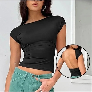 Haut Court Sexy Sans Dos d'Été en Gros, Streetwear Y2K, T-shirts Basiques Solides pour Femmes et Filles <span class=keywords><strong>Noires</strong></span>, Vêtements pour Femmes - Product Image 3