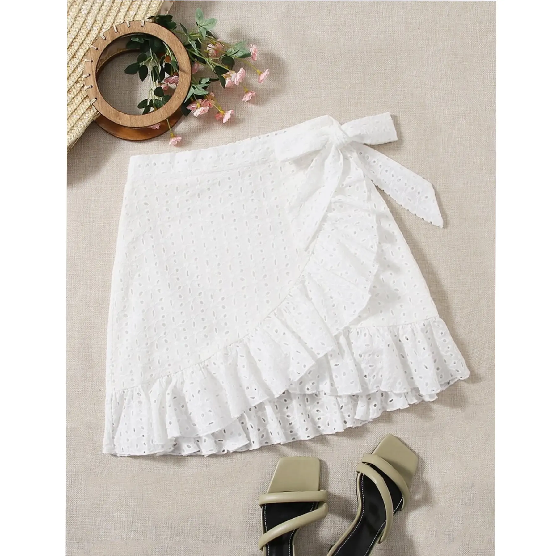 Girl Summer Cute Skirt Ruffle Hem Knot Schiffy Embroidery Wrap Mini Skirt