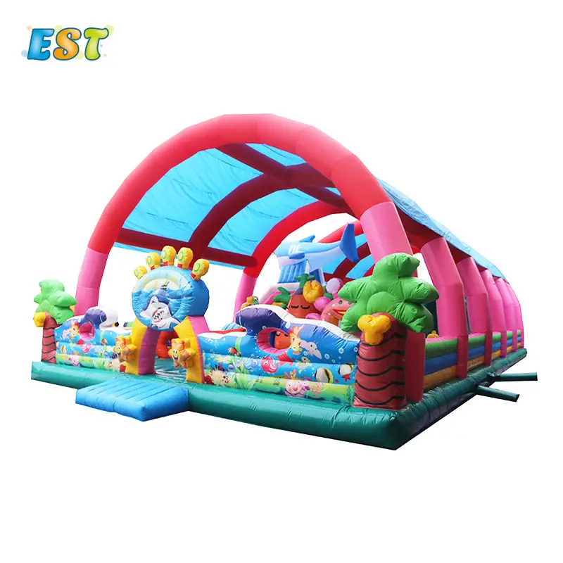 Sea world printing commercial inflatable bounce house and inflatable obstacle course with cover