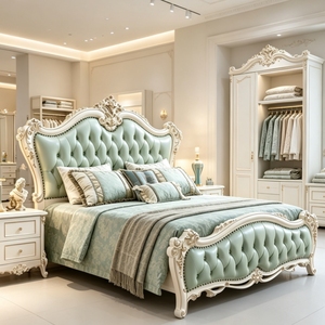 Lit classique européen en bois massif sculpté, avec cadre rembourré en cuir, taille King Size, ensemble de meubles de chambre de luxe pour villa, hôtel, maison - Product Image 5