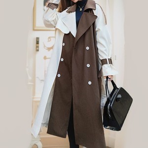 Gabardina Larga Elegante y Casual para Mujer, Nuevo Estilo, Diseño de Bloques de Color con Parches, Doble Botonadura, a la Moda - Product Image 2