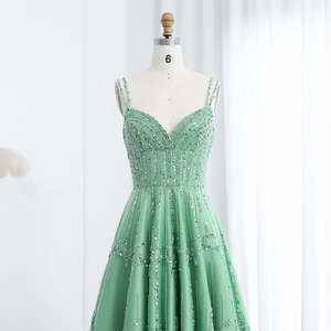 Fait sur mesure luxe perlé Dubai vert robes de soirée avec bretelles spaghetti femmes arabes robes de soirée de mariage Sz225-1 - Product Image 4