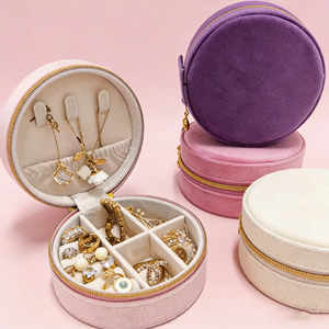 Round Velvet Jewelry Organizer Box with Zipper Closure Elegant Portable <b>Storage</b> for <b>Rings</b> Earrings Necklaces Solid Color Design - Product Image 1