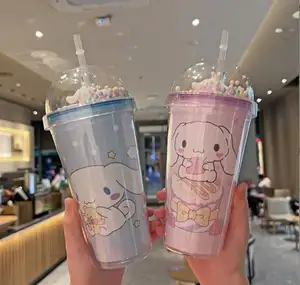 YWMX Fashion Summer Plastic Water Bottle 450ml Kuromi Stitch Cinnamoroll Cartoon Design Girl Women Bottle With Tube