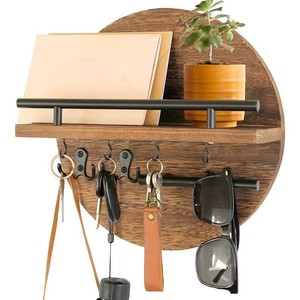 Wooden Wall Mounted <b>Shelf</b> Round 2 Tier Entryway Key Storage Rack With <b>Hooks</b> For Living Room Home Organization - Product Image 4