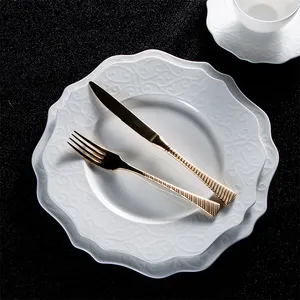 Royal Ware Embossed Rim Flower Shape Porcelain White Bone China Catering Dish Soup Plate Set Restaurant Ceramic Dinner Plate Set