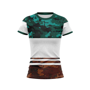 เสื้อรักบี้ทรงเข้ารูปสำหรับผู้หญิง ลายพรางพิมพ์แบบ Sublimation เนื้อผ้าเรียบเนียน พร้อมปักลายตามสั่ง สีเขียว-น้ำตาล สำหรับแฟนๆ ออสเตรเลียและนิวซีแลนด์ - Product Image 1