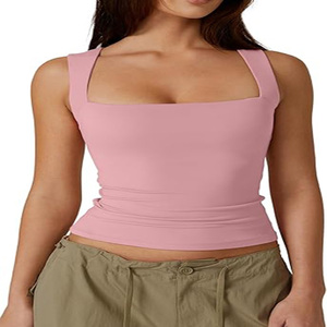 Camisetas sin mangas <span class=keywords><strong>de</strong></span> doble capa <span class=keywords><strong>de</strong></span> verano para mujer, Camisetas Básicas <span class=keywords><strong>de</strong></span> punto ajustadas, cuello cuadrado, diseño sin mangas, transpirable frontal personalizado - Product Image 6