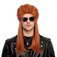 Perruque longue bouclée orange style Mullet pour adulte, années 70/80, Disco Rock, en fibres synthétiques douces, respirantes et résistantes à la chaleur, pour déguisement