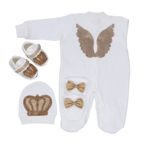 ชุดหมีของเด็กทารกแบบ4ชิ้นทำจากผ้าฝ้ายสีทองแบบ100% ทันสมัยดีไซน์สำหรับเด็กแรกเกิดออกแบบได้ตามที่ต้องการ - Product Image 1
