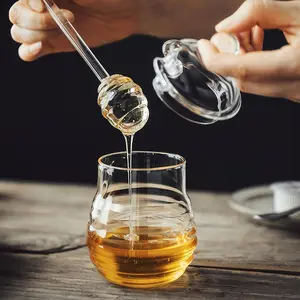 Reihey 450Ml Handgeblazen Grote Kristallen Fles Glazen Container Honing Met Dipper En Deksel Honingfles Glazen Pot