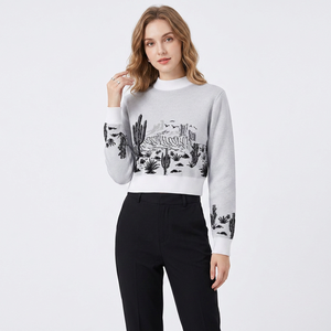Pull-over à manches longues en coton 100% GOTS de haute qualité, col rond, tricot décontracté pour femmes, haut court à fleurs - Product Image 1