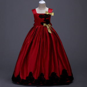 Girls' Yellow Satin Princess Dress With Black Lace Embroidery Stage <b>Performance</b> <b>Wear</b> - Product Image 2