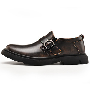 Chaussures habillées rétro en cuir pour hommes, printemps-automne, bout rond, boucle, en cuir de vachette, grande taille 46, cousues, chaussures de ville de luxe léger - Product Image 5