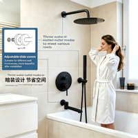 Ensemble de robinetterie de douche encastrée noire à 3 fonctions avec pommeau de douche pluie rond, douchette à main, bec de baignoire pliable et mitigeur mural
