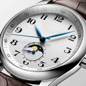 Men’s Round <b>Automatic</b> Dress Watch with Moon Phase Polished Stainless Steel Case Crocodile-Embossed Leather Strap Longinesing - Product Image 5