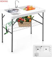 Table pliable extérieure de luxe bon marché en gros de filet avec le filet en acier de pulvérisateur de nettoyage de 2 éviers pour le camping pique-nique BBQ partie