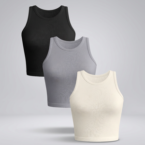 Women's Ribbed Crew Neck Sleeveless <b>Crop</b> Tank <b>Top</b> Solid Color Breathable Yoga <b>Top</b> Regular Fit Adult Sportswear - Product Image 2