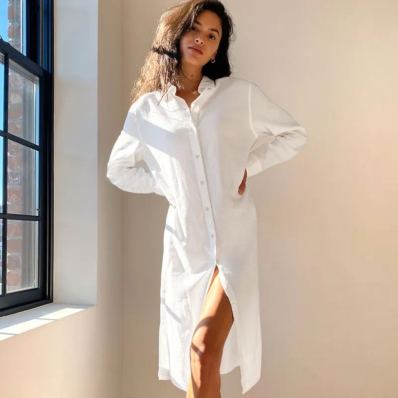 white Dropped Shoulder women long shirts Side Slits Relaxed Fit Linen Dress