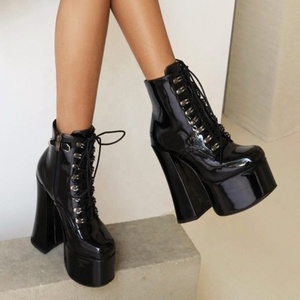 Bottines élégantes à fermeture éclair latérale avec chaîne de perles, bout carré noir, plateforme, lacets, talon épais, grande taille 43 - Product Image 3