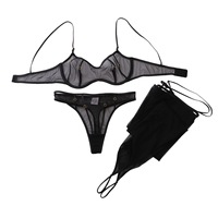 Ensemble de lingerie sexy Deeplove de haute qualité, noir, tendance, en maille transparente, dos nu, bretelles réglables, avec bas.