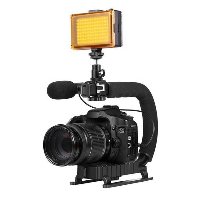 PULUZ All-In-One Portable Handheld DV Bracket Stabilizer Kit U/C Shape LED Studio Light Video Shotgun Microphone for DSLR